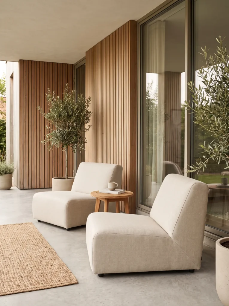 Minimalist porch with comfortable outdoor seating designed for relaxing.