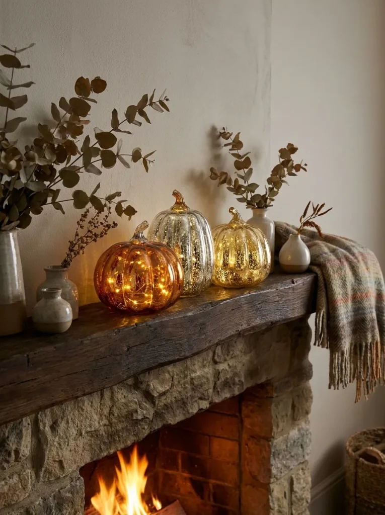 Hand blown mercury glass pumpkins grouped asymmetrically on a fireplace mantel