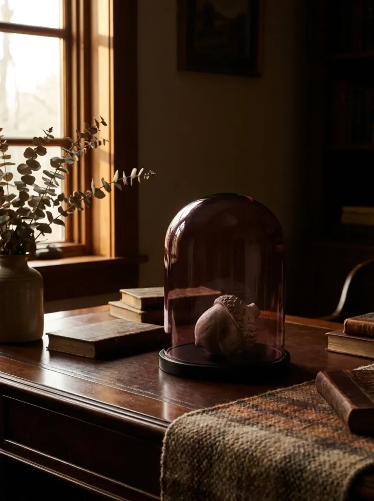 Deep plum tinted glass cloche dome enclosing a small stone architectural object