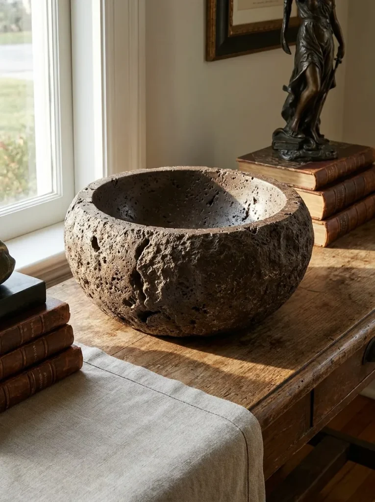 Round dark brown porous travertine stone decorative bowl on an entry console