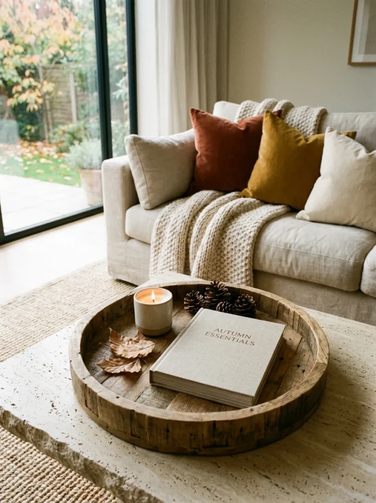 Round reclaimed wood decorative tray holding a candle on a stone coffee table
