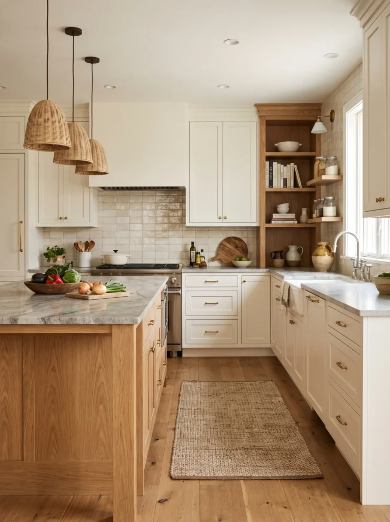 Modern white kitchen cabinets combined with wood accents and textured materials
