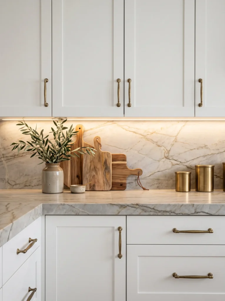 Modern white kitchen cabinet details with brass hardware and warm lighting