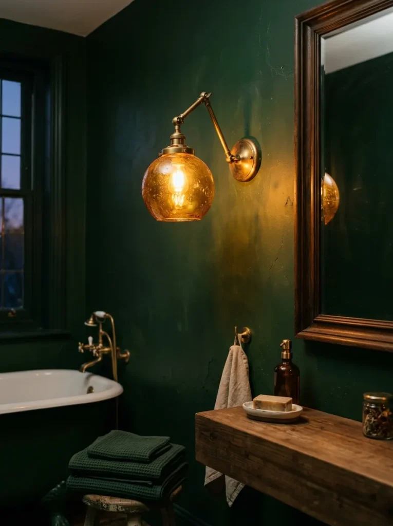Brass wall sconce with an amber glass globe casting warm ambient light on a green wall