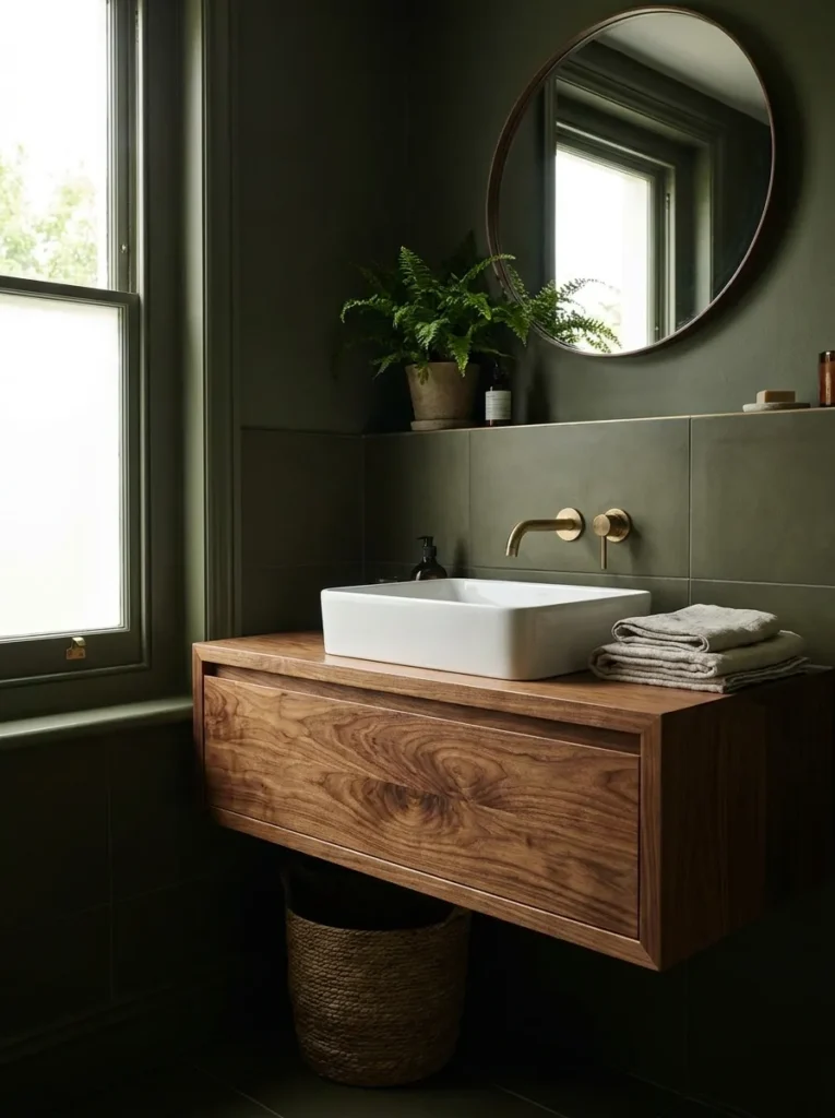 Floating walnut wood vanity cabinet anchoring a moody green bathroom layout