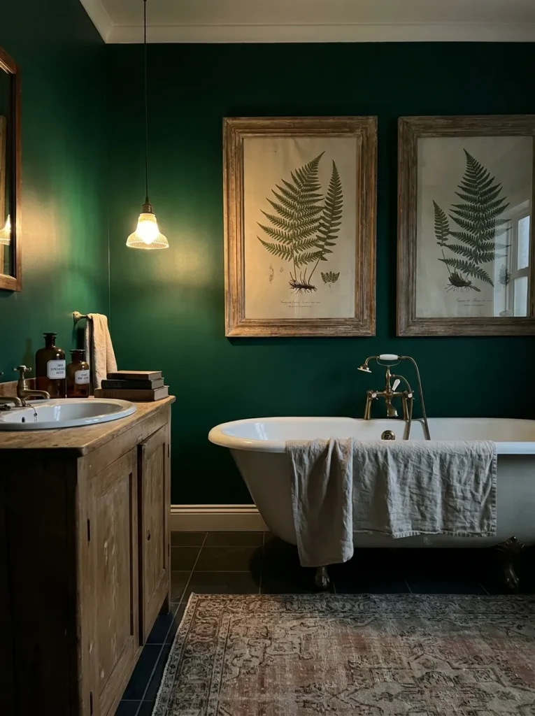 Vintage framed botanical fern art prints hanging on a dark green bathroom wall