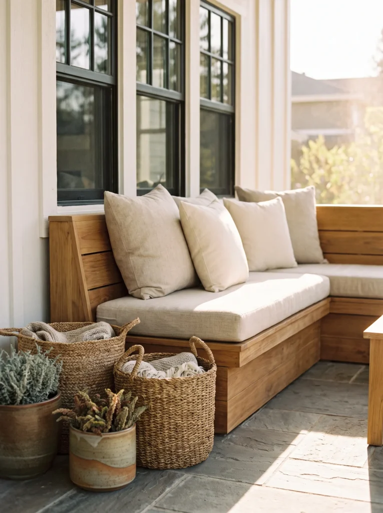 Minimalist porch using natural wood, woven textures, and linen for warmth.