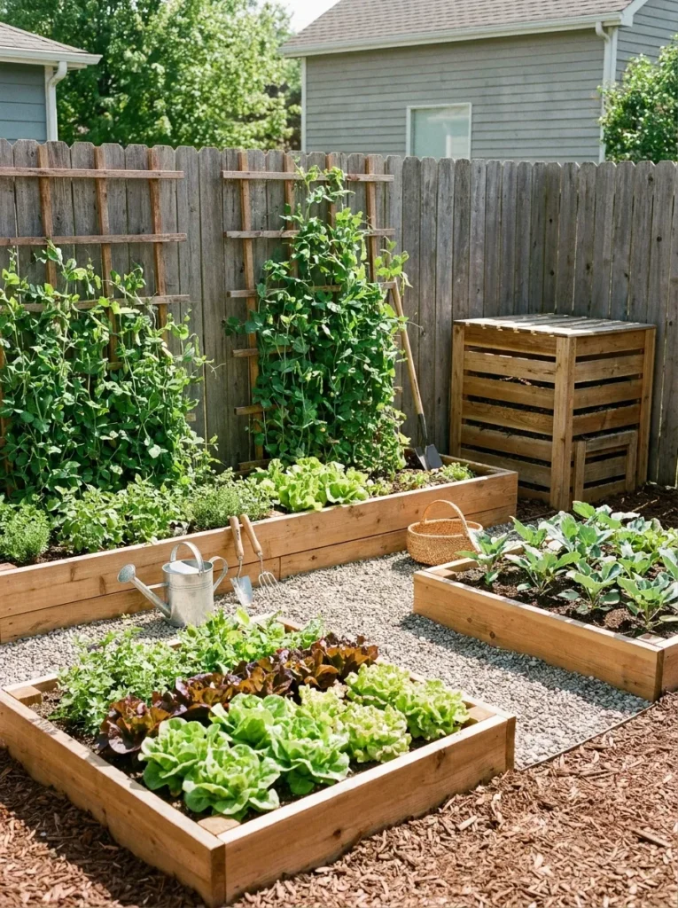 Well-organized small backyard vegetable garden with pathways, raised beds, and vertical growing structures.