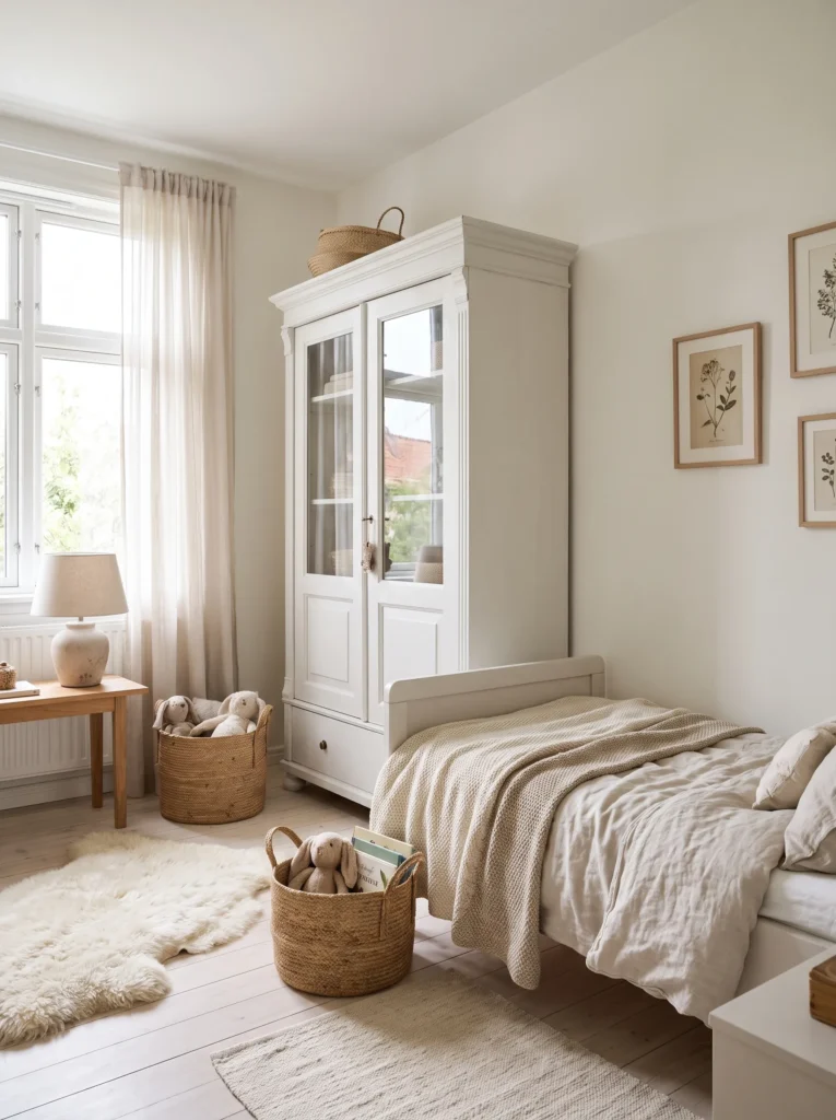 Organised toddler girl's bedroom featuring a timeless wardrobe and practical storage.