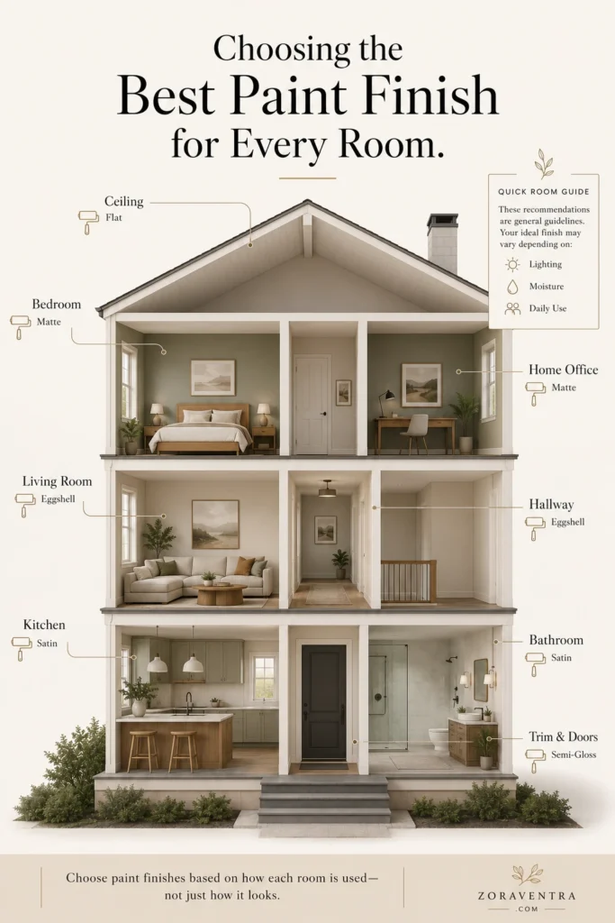House cross-section diagram showing the best paint finish for every room, including living room, bedroom, kitchen, bathroom, hallway, ceiling, and trim.