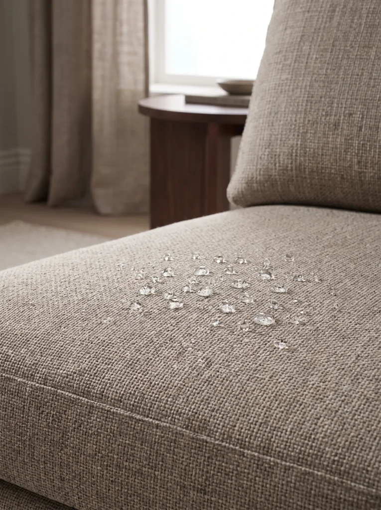 Close-up of stain-resistant performance fabric upholstery.