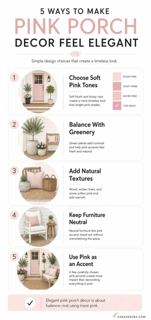 Editorial infographic showing five ways to create elegant pink porch decor using soft pink tones, greenery, natural textures, neutral furniture, and balanced accents.