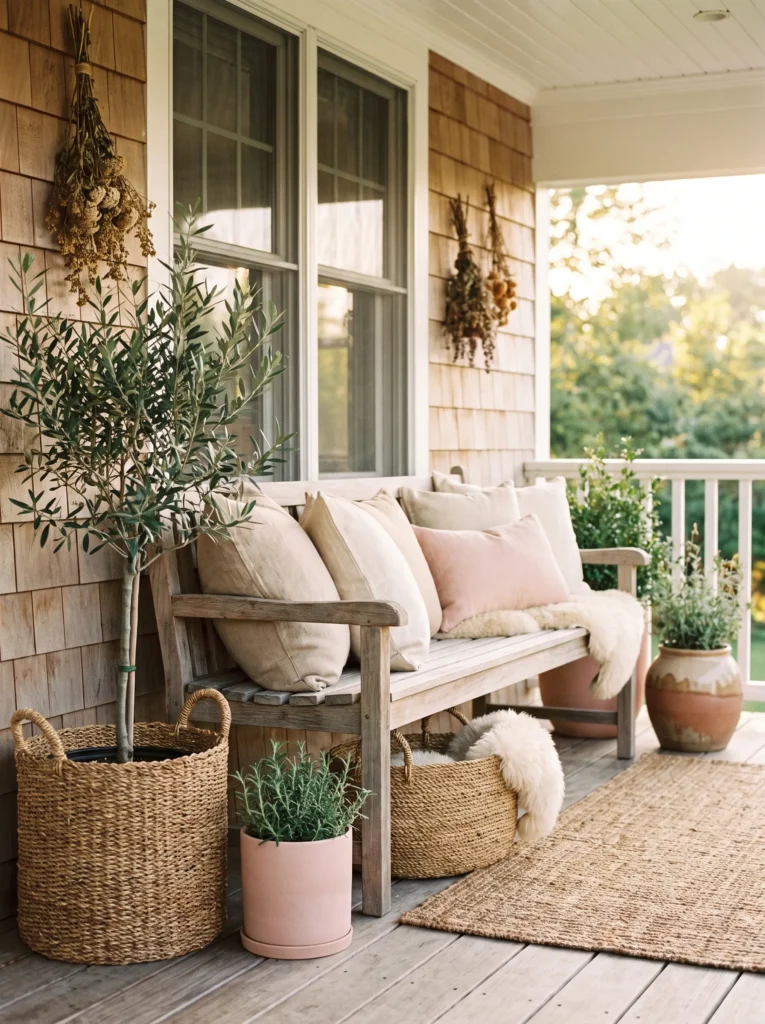 Pink porch balanced with natural wood, woven textures, and greenery.