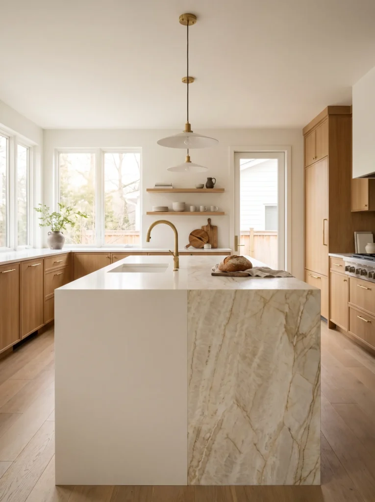 Luxury kitchen featuring elegant quartz and quartzite countertop inspiration.
