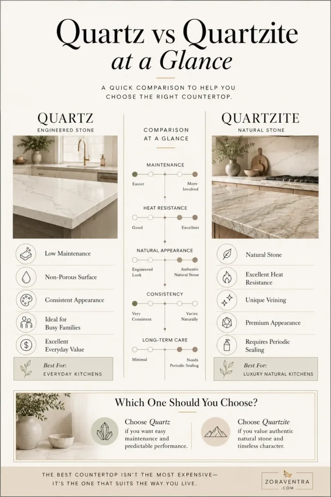 Comparison infographic showing the differences between quartz and quartzite countertops, including maintenance, heat resistance, appearance, durability, and the best use cases for each material.
