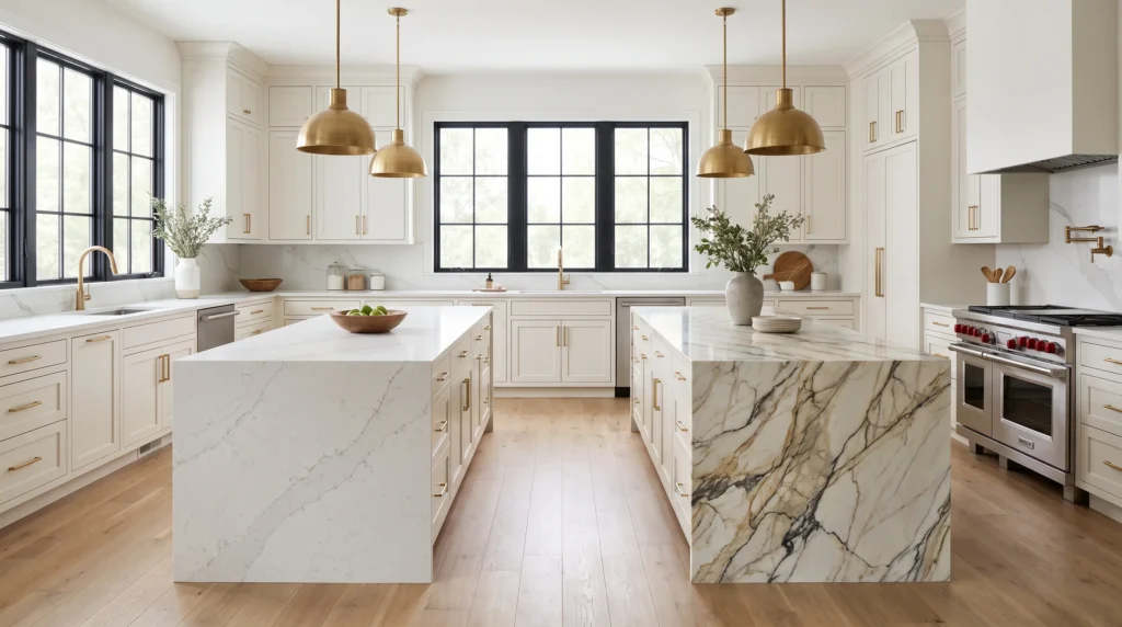 Modern kitchen comparing quartz and quartzite countertops in a bright contemporary home.