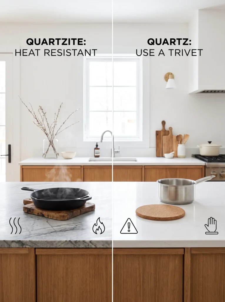 Comparison illustrating heat resistance considerations for quartz and quartzite countertops.