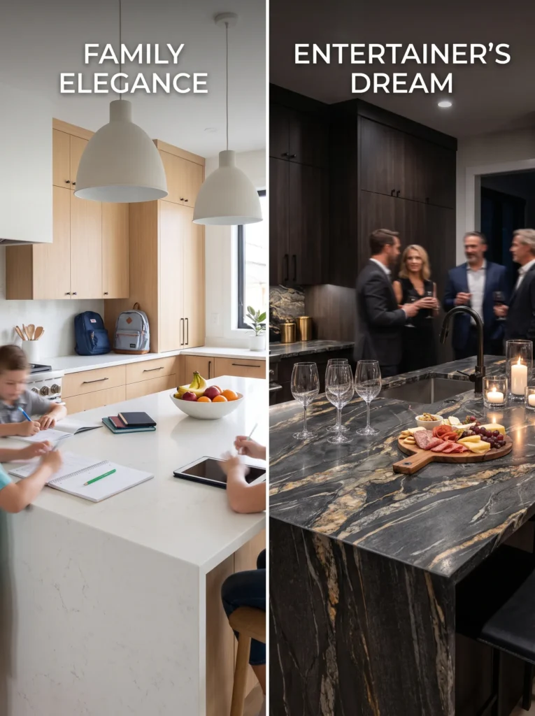 Comparison of quartz for busy family kitchens and quartzite for luxury kitchen design.