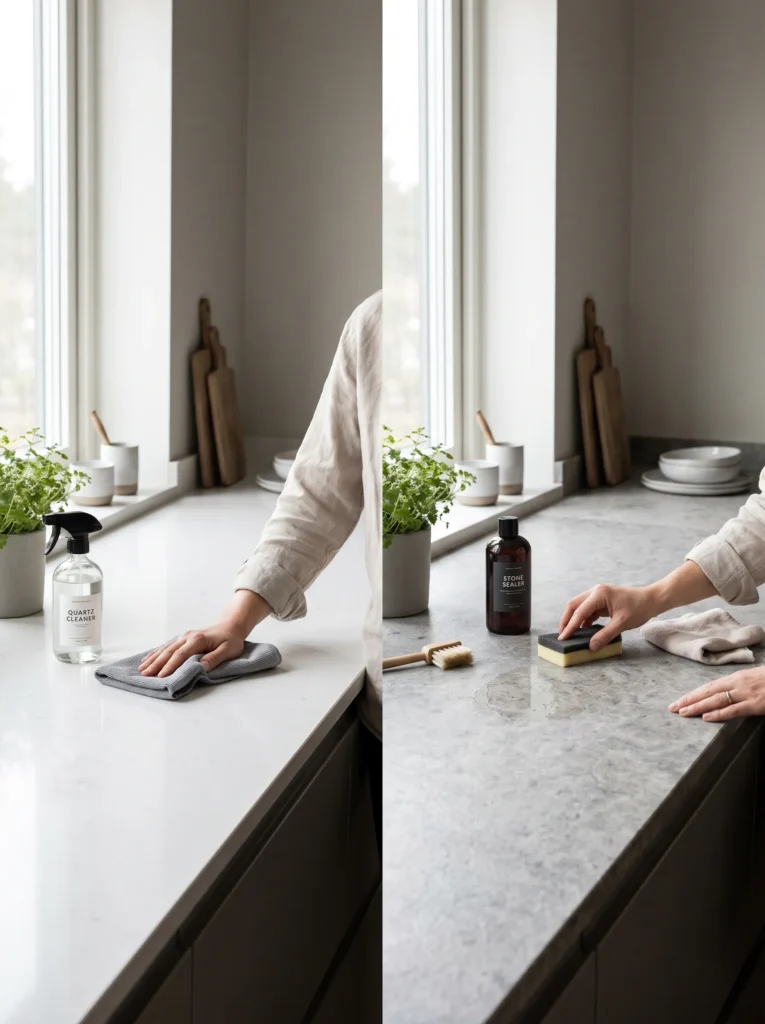 Comparison of quartz cleaning and quartzite sealing maintenance.