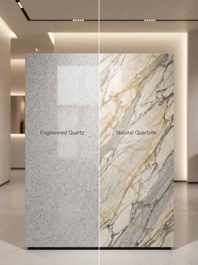 Side-by-side comparison of engineered quartz and natural quartzite countertop slabs.