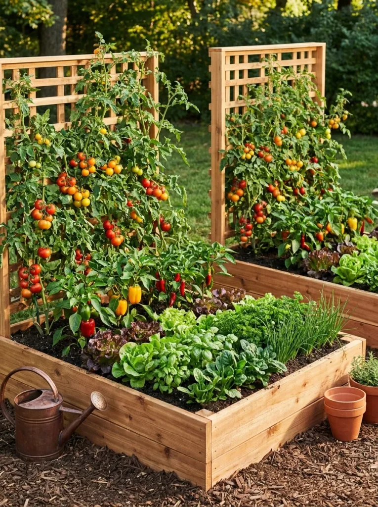 Cedar raised garden beds with built-in trellises growing vegetables and herbs.