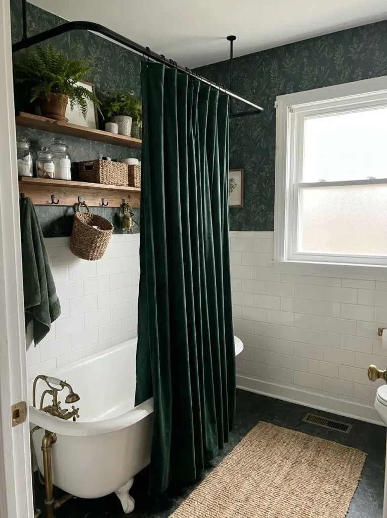 Heavy forest green velvet shower curtain panel hanging high next to a white tub