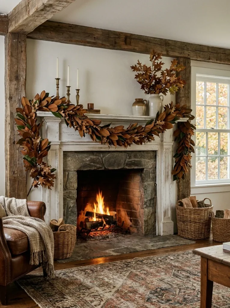 Natural dried oak and magnolia leaf garland accenting a fireplace mantel