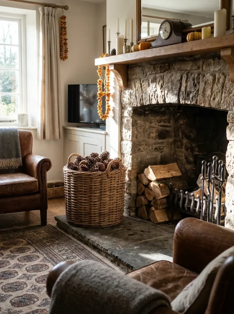 Woven rattan basket filled with natural pinecones sitting on a stone hearth