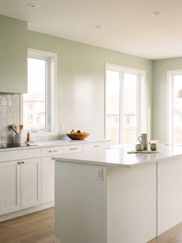 Modern kitchen with satin paint finish and white kitchen cabinets.
