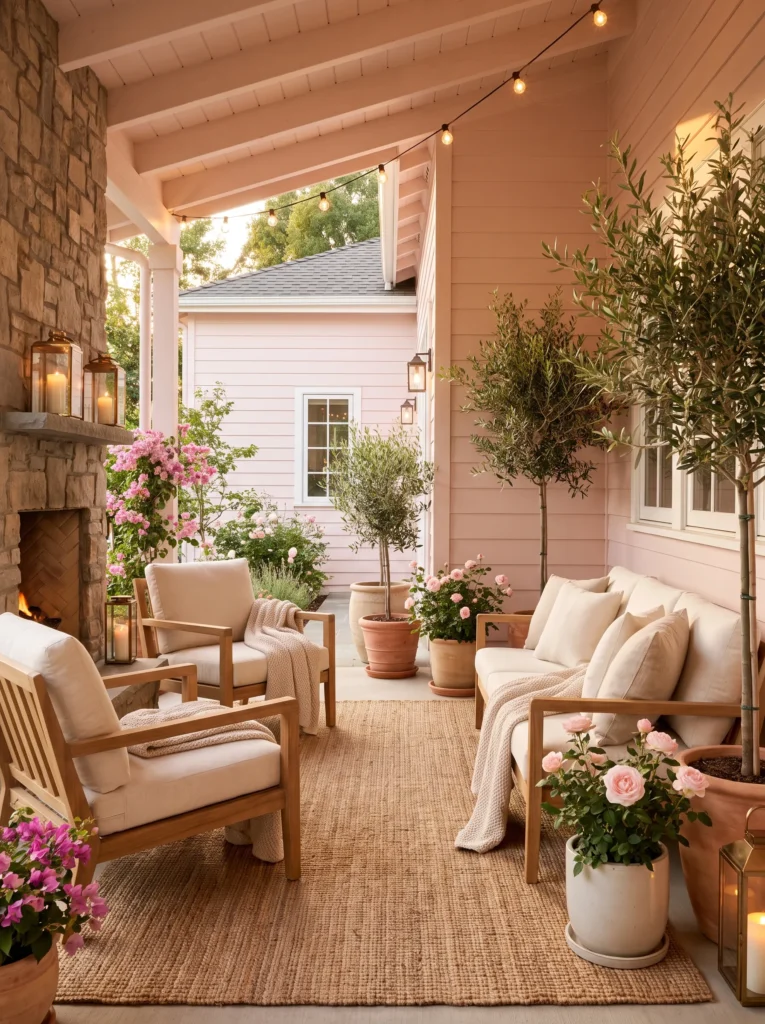 Soft pink seasonal porch décor with flowers and neutral outdoor furniture.