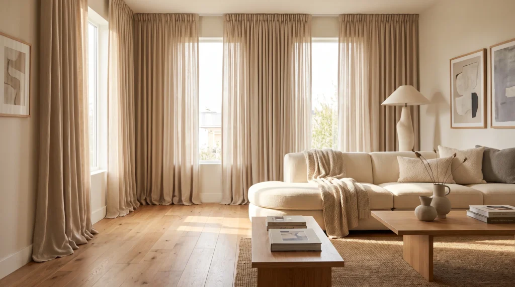 Floor-length curtains gently touching the floor in a modern living room.