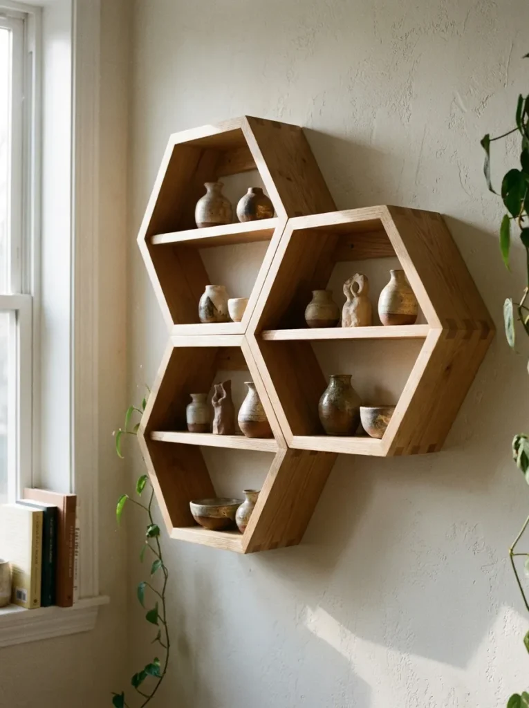 Three interlocking oak hexagonal shadow box shelves mounted high on a white wall