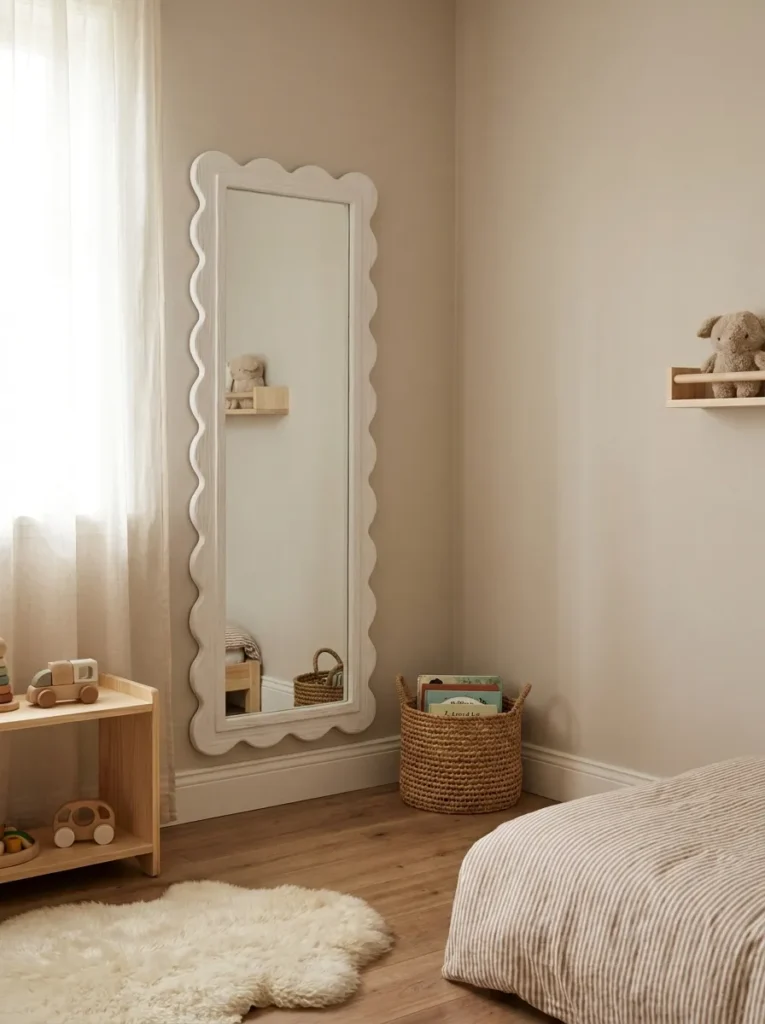 Vertical mirror with a wavy white scalloped frame mounted low near a baseboard