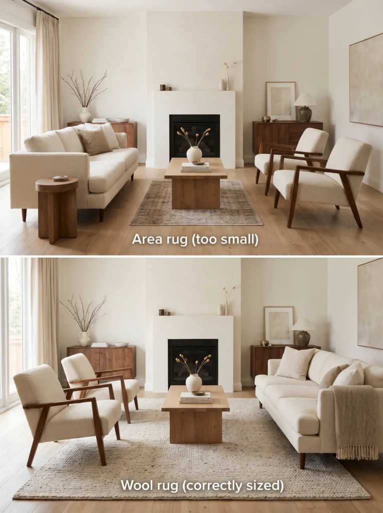 Comparison of incorrect and correct rug size in a living room