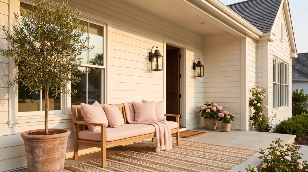 Elegant front porch with soft pink accents, natural wood furniture, and timeless outdoor décor.