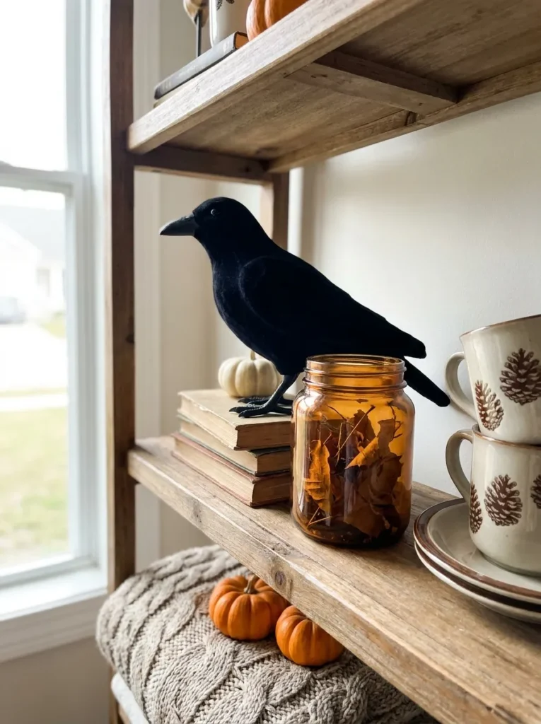 Stylized crow figurine wrapped in matte black velvet sitting on an oak shelf