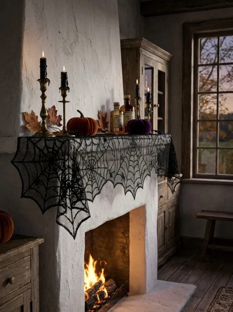 Intricate black lace spiderweb runner accenting a white fireplace mantel shelf