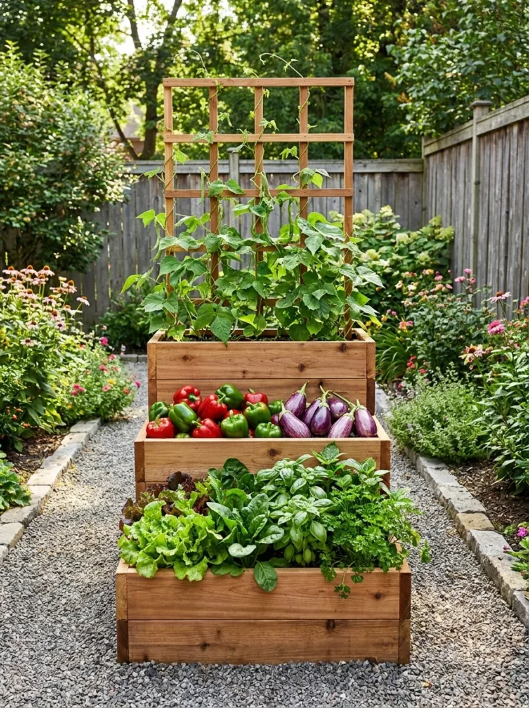 Tiered wooden planter growing vegetables and herbs in a small backyard.