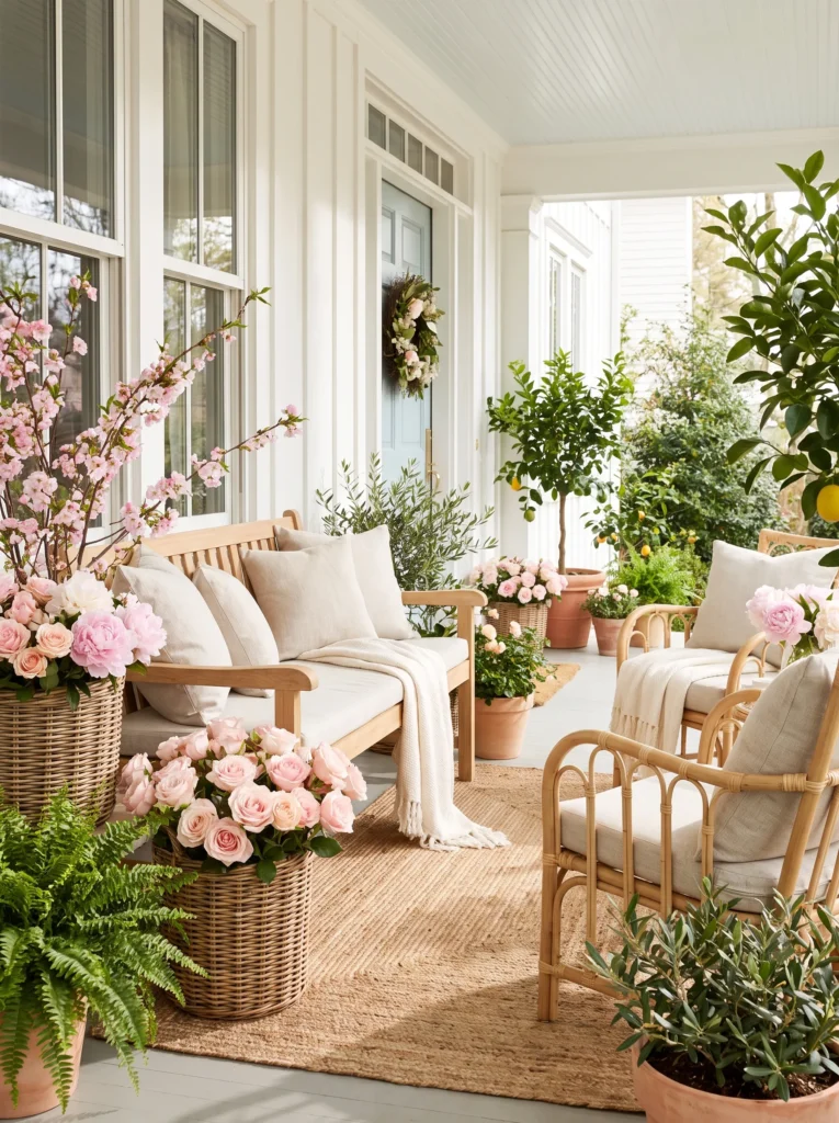 Timeless outdoor furniture with subtle pink accents on a front porch.