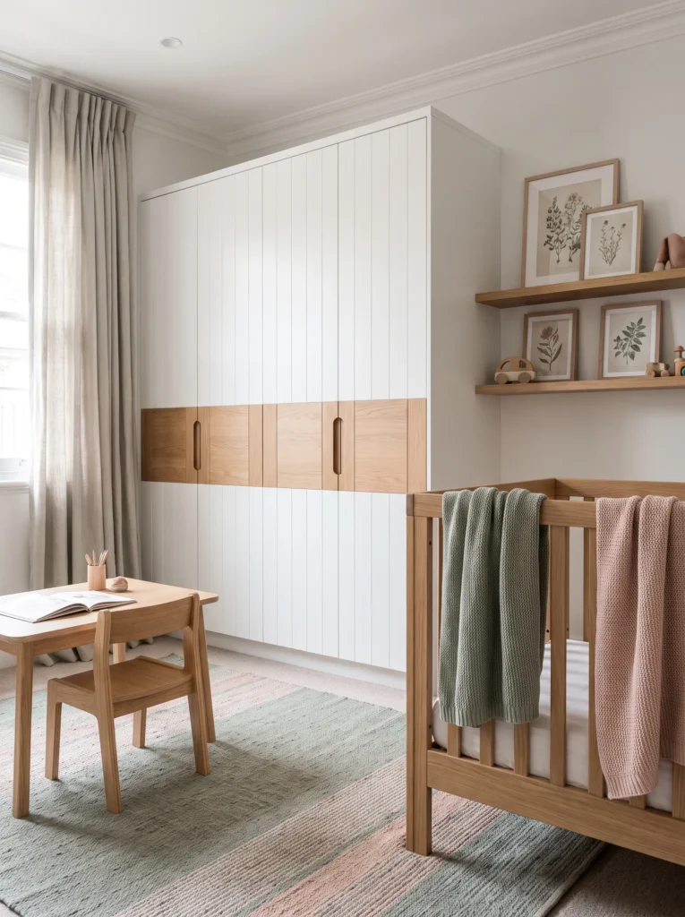 Timeless wardrobe design suitable for a growing toddler girl's bedroom.