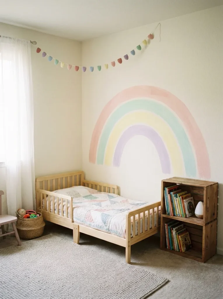Pastel watercolor rainbow mural painted on a cream bedroom wall
