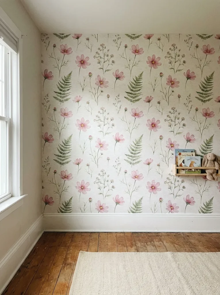 Pastel watercolor wildflower peel and stick wallpaper design on a bedroom wall