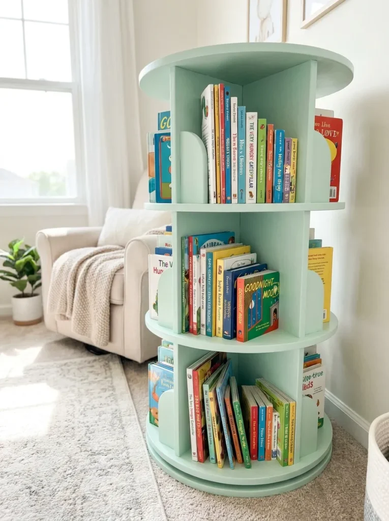 Pale mint green tiered rotating carousel bookcase tucked neatly into a room corner