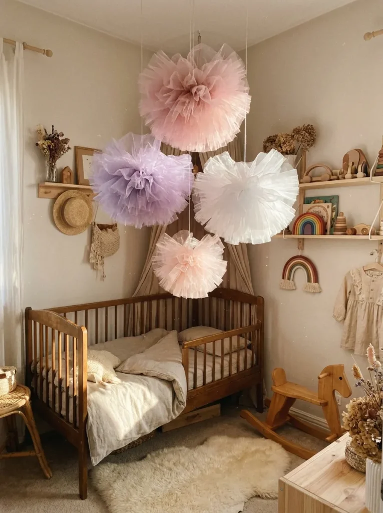 Three fluffy pastel tulle pom poms hanging from a bedroom ceiling corner