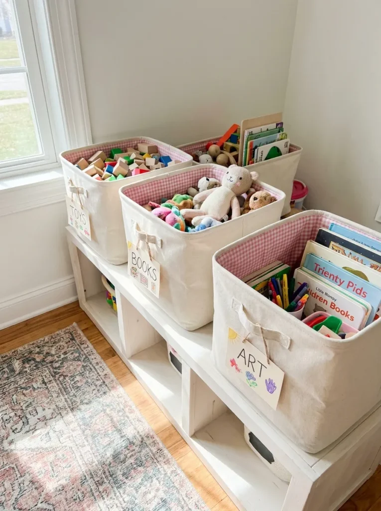 Pink and white gingham fabric lined canvas storage bins sitting on a white shelf