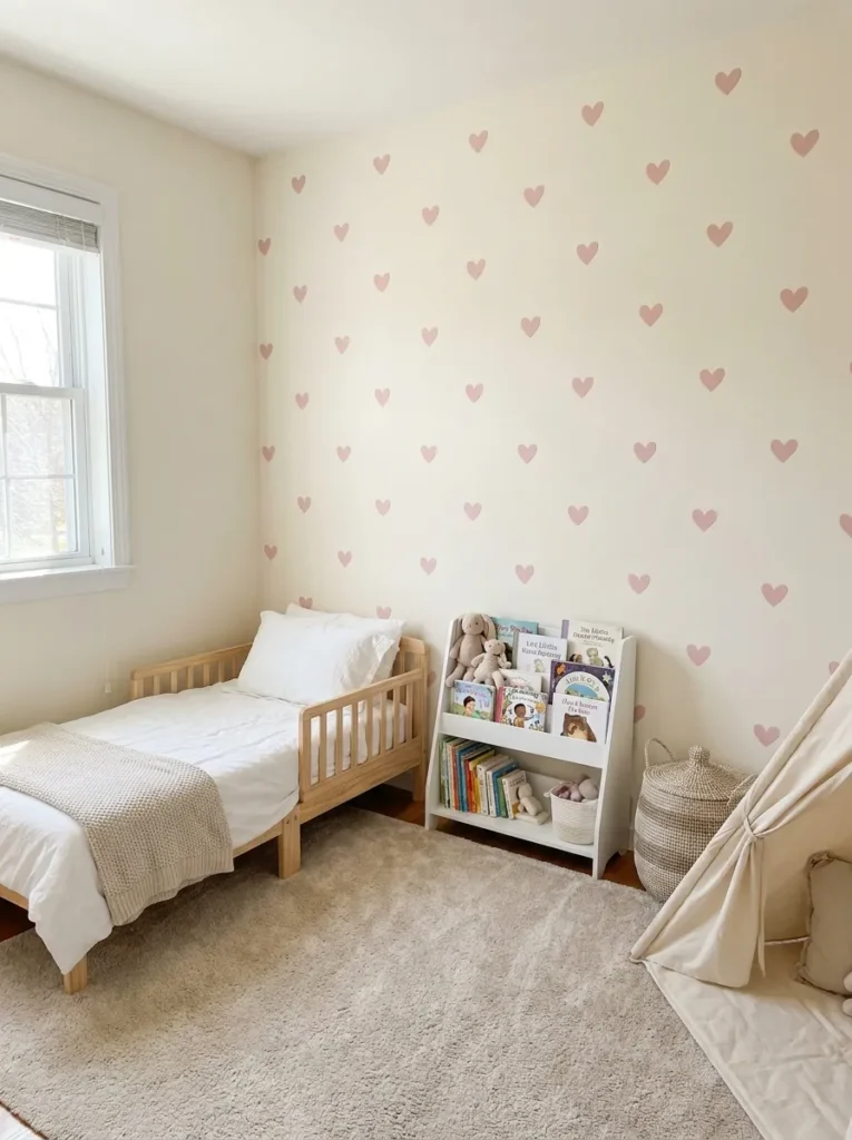 Scattered mini pastel pink fabric heart wall decals on a cream plaster wall