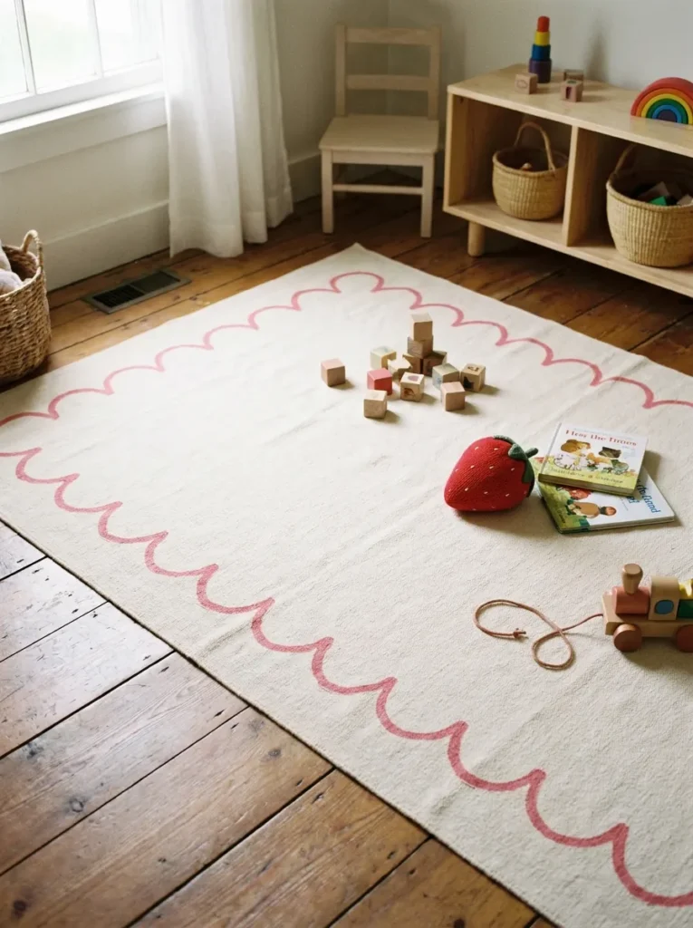 Flat weave cream cotton washable area rug with a pink scalloped edge on wood flooring