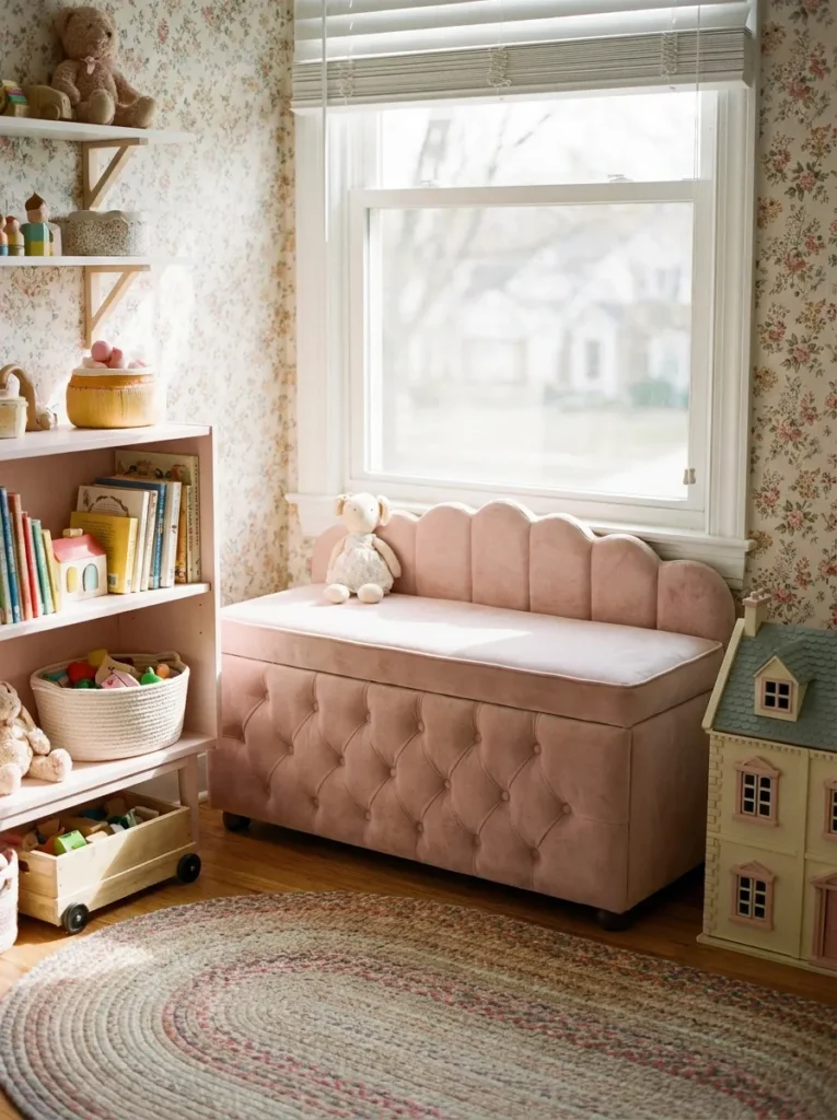 Tufted pastel pink velvet storage bench sitting beneath a sunlit bedroom window