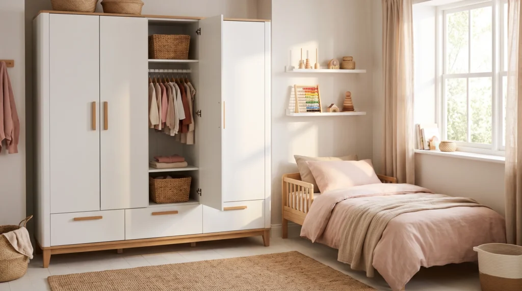 Timeless white wardrobe in a beautifully organised toddler girl's bedroom.