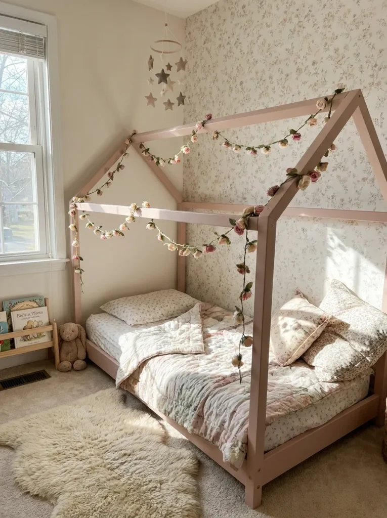 Soft blush pink house shaped floor bed frame in a cozy room corner